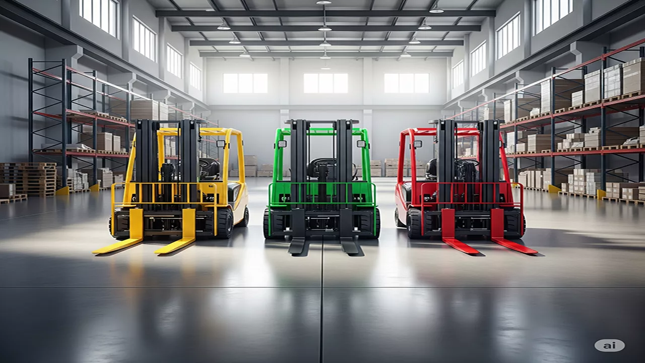 montacargas de frente azul verde y rojo en nave industrial Manejamos diferentes tipos de marcas